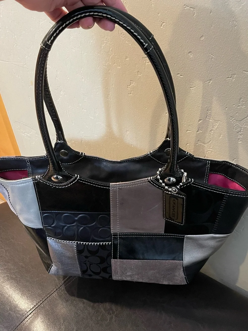 Coach signature Patchwork Tote Black Silver gray Leather tote bag y2k Bleecker